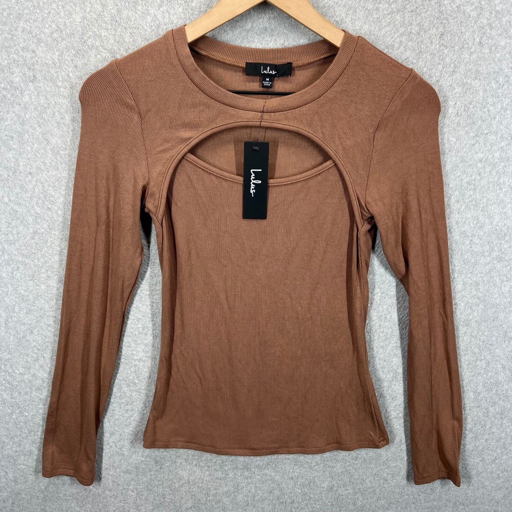 Lulus Cutout Long Sleeve Top Women M Brown Ribbed Knit Rayon Spandex NWT